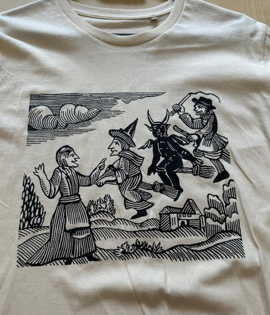 UNISEX T Shirt - Witches on Broom (choose from Brown or Black on Natural)