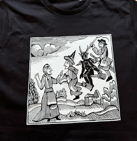 LADIES T Shirt - Witches on a broom (white image)