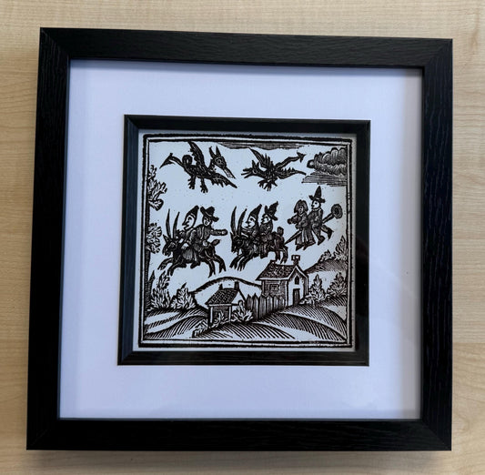 Framed print of Woodcut Witches Riding Goats